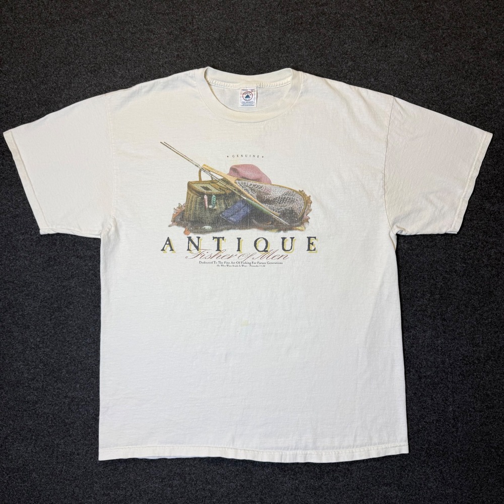 Vintage T-Shirt Mens XL White Antique Fisher of Men Fishing Religious Tee